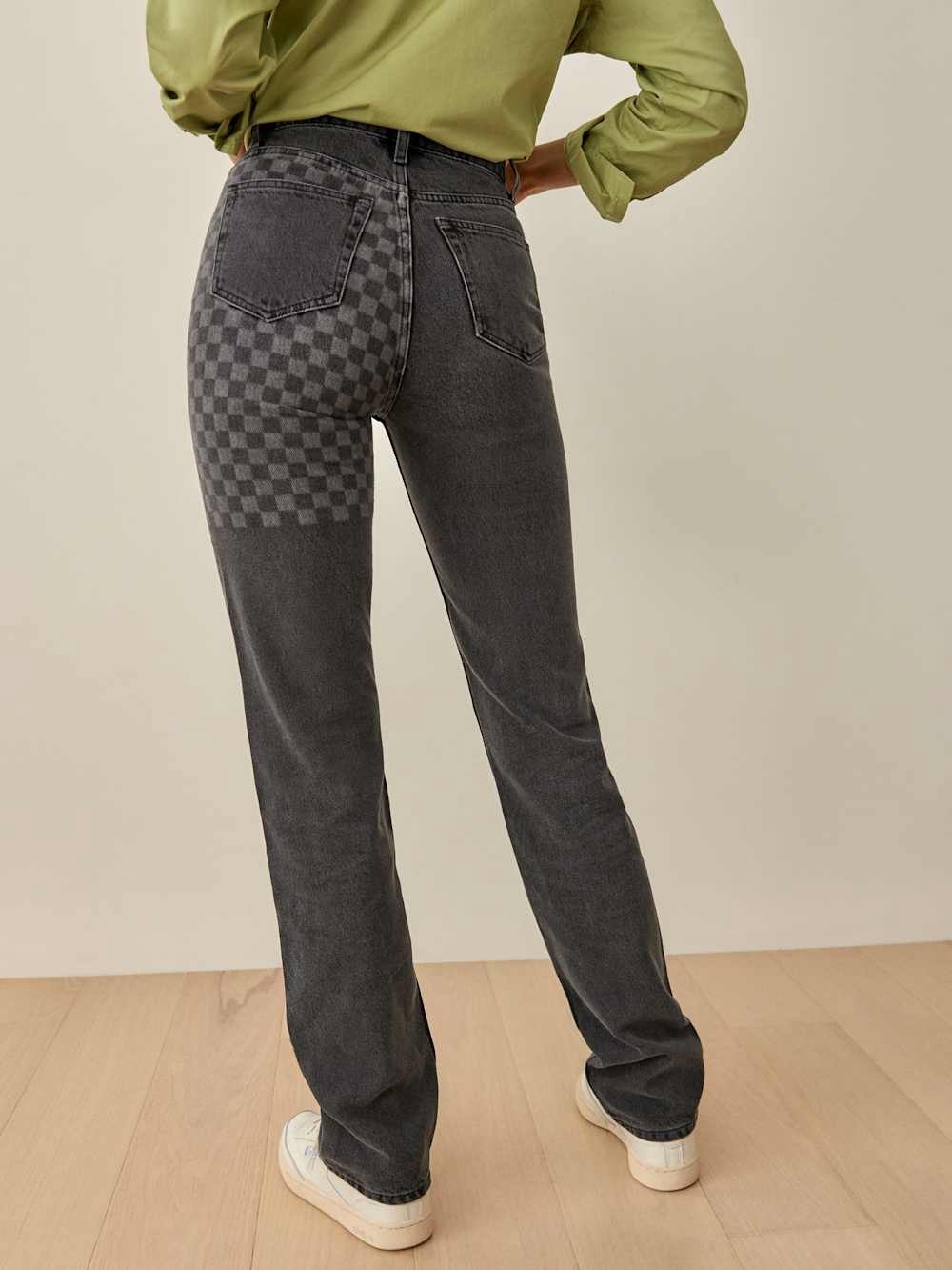 Reformation Cynthia Shadow Checked High Rise Straight Long Jeans 25